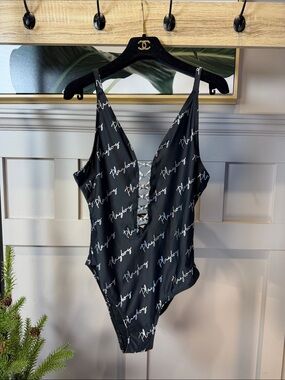Brand new Y2K 00’s Rare PLAYBOY Black Logo Lace-Up V‑Neck One-Piece M
